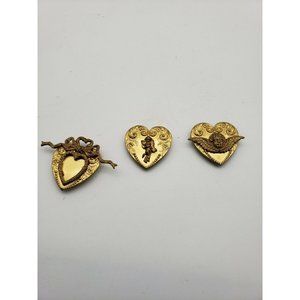 Vintage Set Of 3 Art Nouveau BrassTone Button Covers Heart Shaped Cupid 1.75"